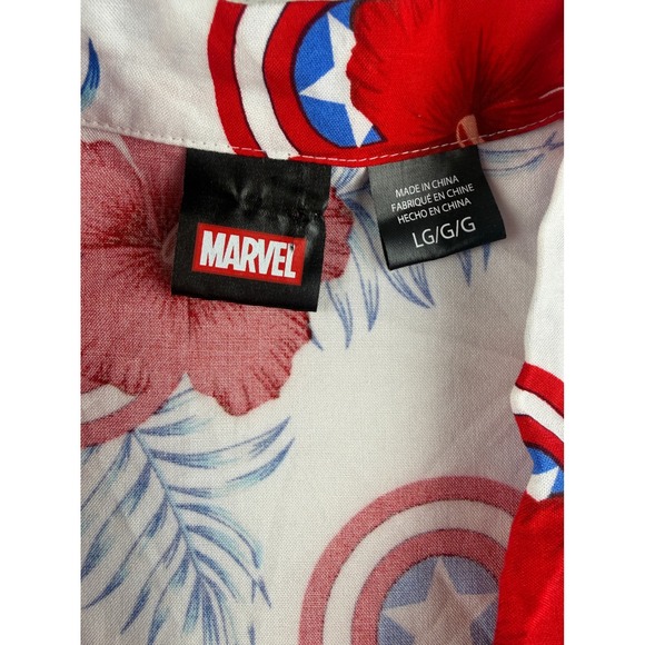 Marvel Captain America Mens Large White Red Blue Floral Shield Rayon Shirt LG - Picture 3 of 8